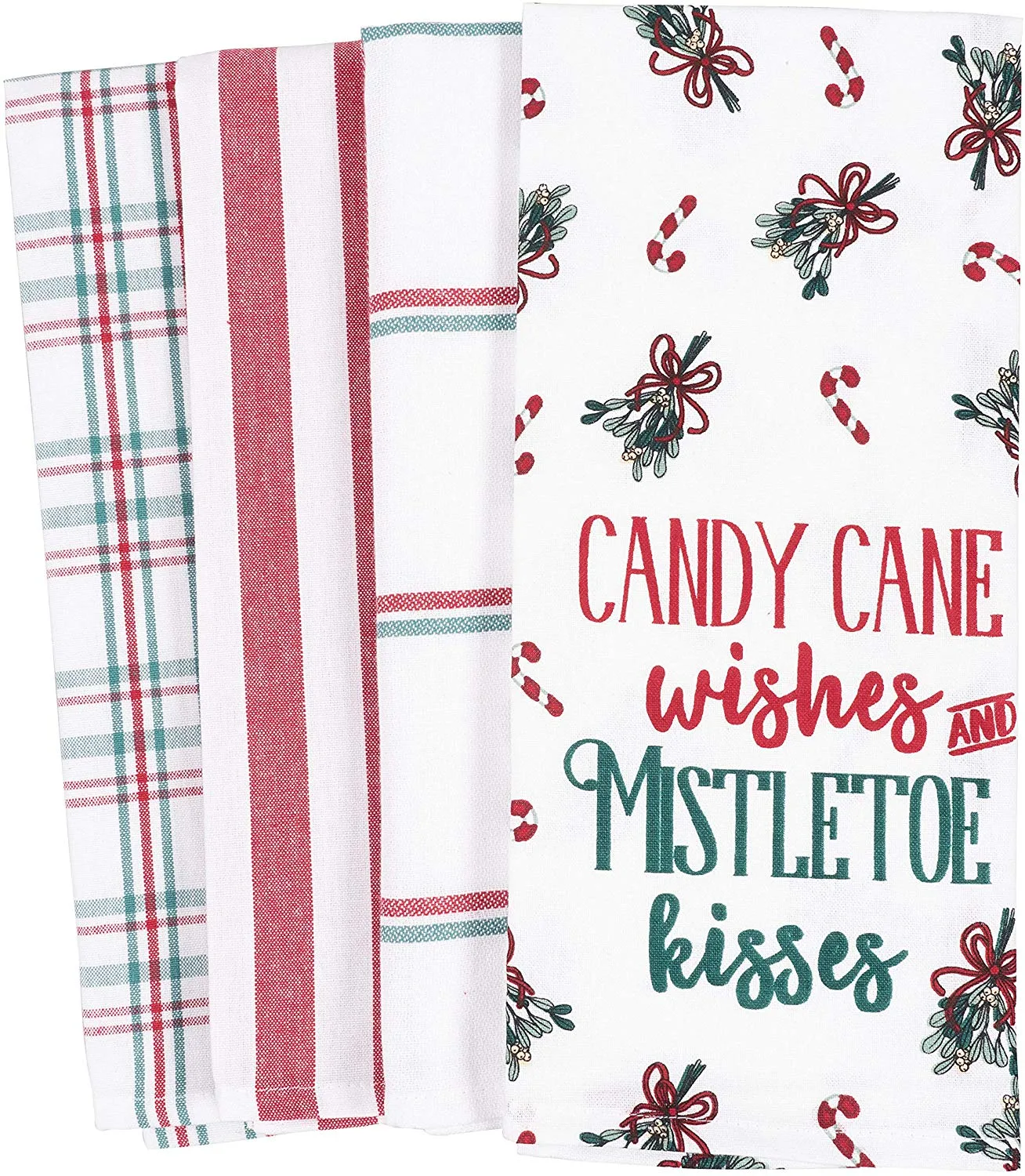 Christmas tea towels stacked together — red ticking stripe, buffalo check and a candy cane print