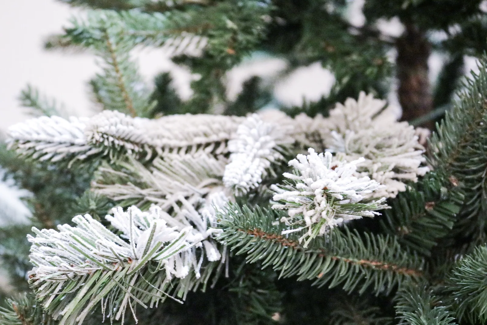 Flocked pine picks tucked into the branches of a green artificial Christmas tree