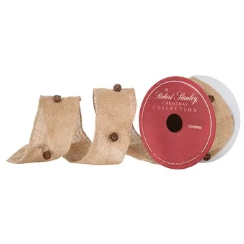 Burlap wired edge Christmas ribbon with tiny jingle bells along the edge